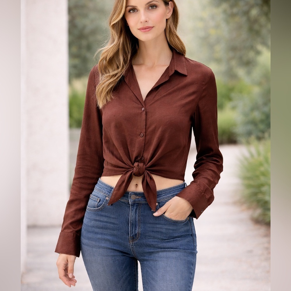 Wilfred Tie-Front Satin Blouse – Rust Brown – Size 2XS NWT